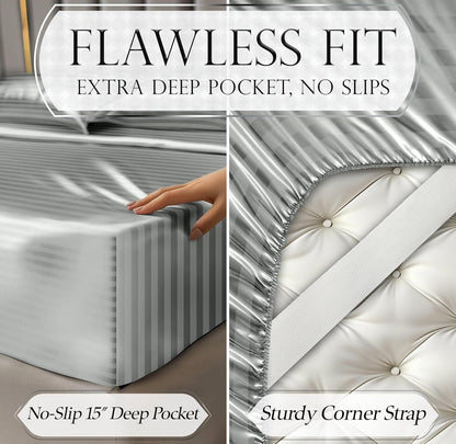 DECOLURE Satin Bed Sheets - 4 Piece Luxury Silky Queen Size Bedding Set - Softer Than Silk, Wrinkle-Free with 15” Deep Pocket Fitted Sheet, Perfect for Hair & Skin, Gifts for Women (Striped Grey)