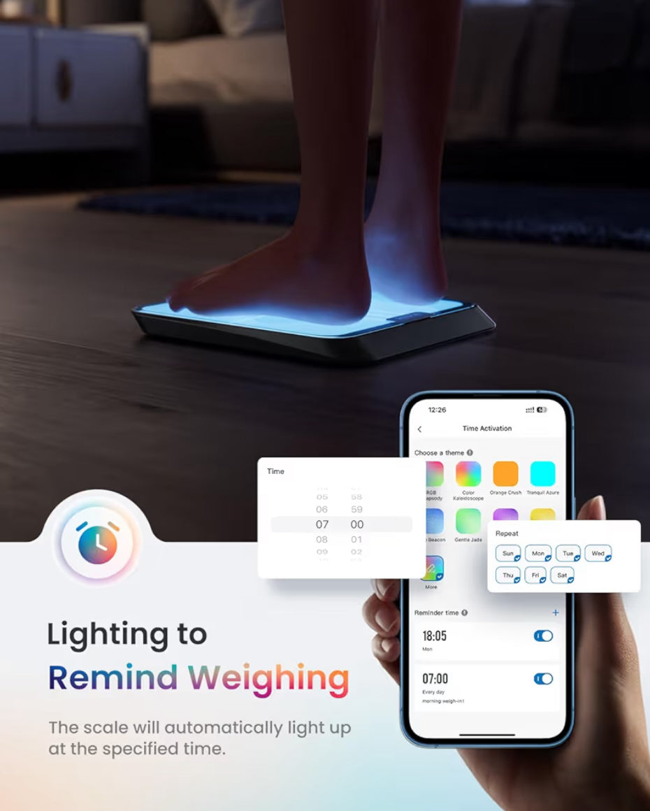 Smart Scale for Body Weight, BMI, Wi-Fi Rechargeable, RGB Lighting Sync with Fitness App