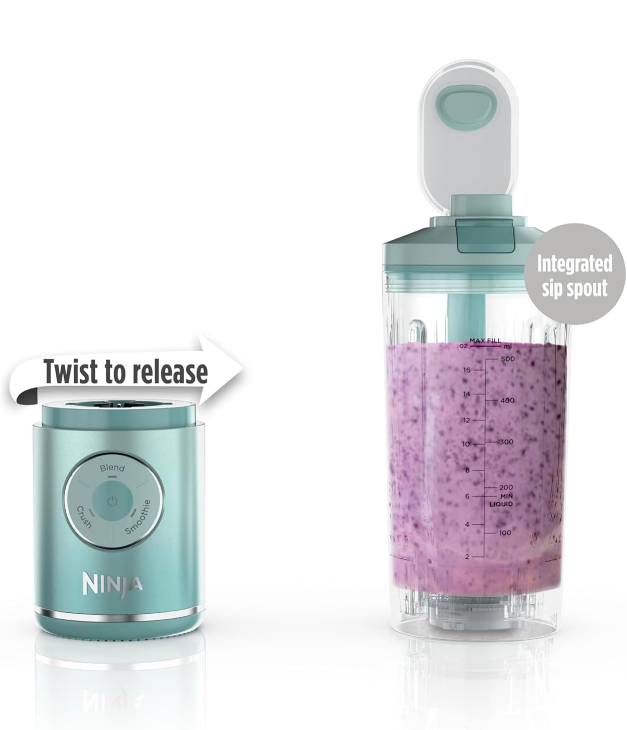 Ninja Blast Max, Portable Blender + Twist & Go, Personal Smoothie, Blend, Ice Crush, 3 Programs, Cordless, 22oz - SEA GLASS, BC251MT