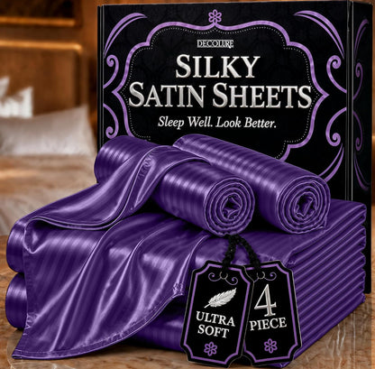 DECOLURE Satin Bed Sheets - 4 Piece Luxury Silky Queen Size Bedding Set - Softer Than Silk, Wrinkle-Free with 15” Deep Pocket Fitted Sheet, Perfect for Hair & Skin, Gifts for Women (Striped Purple)