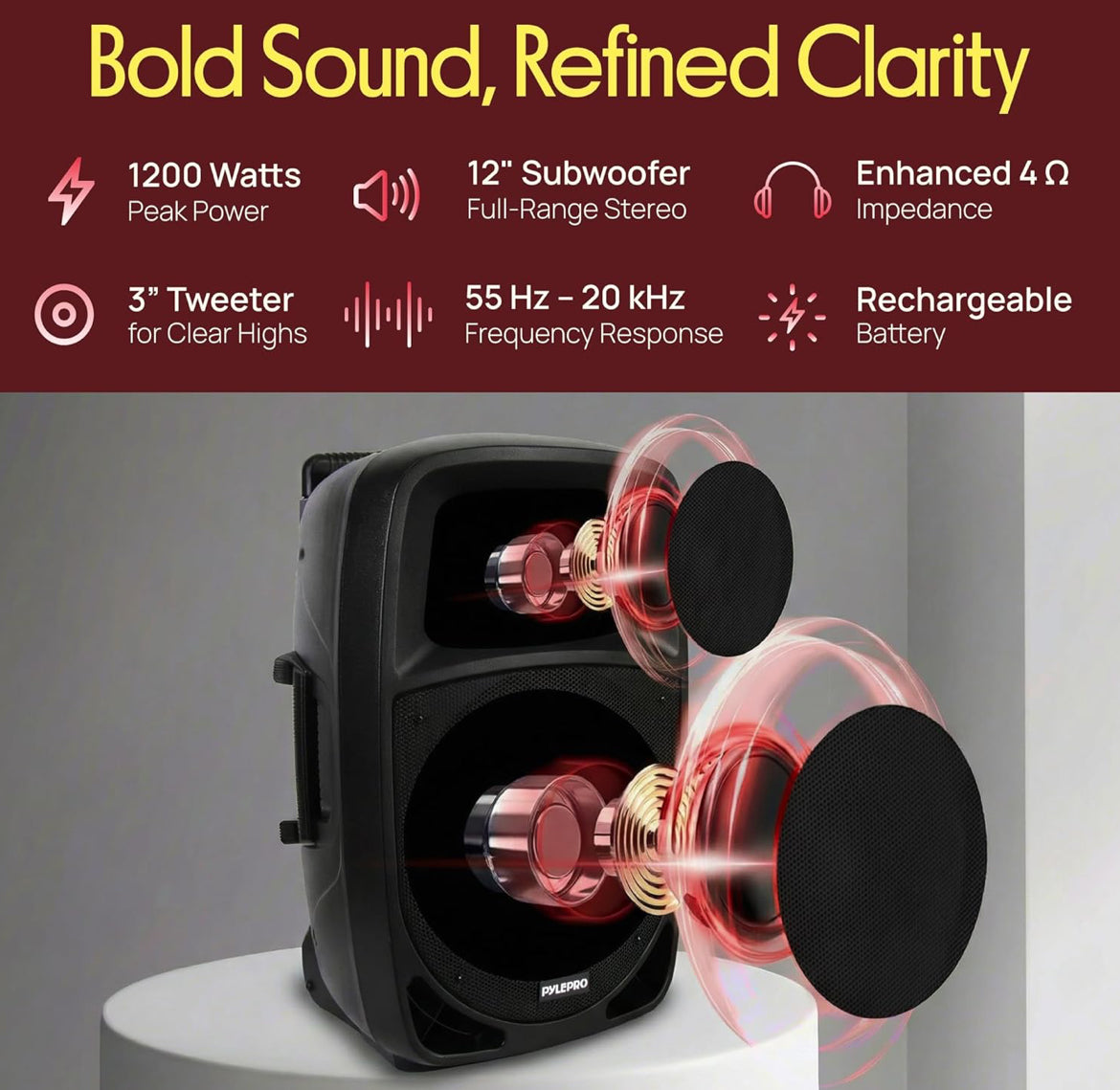 Portable Bluetooth PA Speaker - 12’’ 1200W Subwoofer, LED Battery Indicator Lights W/Built-In Rechargeable Battery, MP3/USB/SD Card Reader, and UHF Wireless Microphone