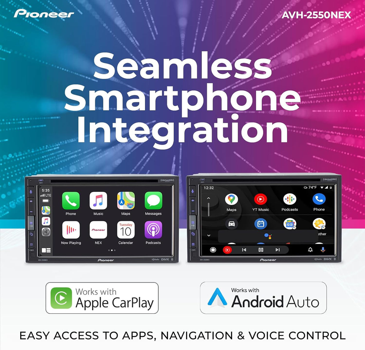 Pioneer AVH-2550NEX 6.8" Capacitive Touchscreen Double Din Car Stereo
DVD Multimedia Receiver, Wired Apple CarPlay & Android Auto, Bluetooth, Backup Camera, SiriusXM, HD Radio, FLAC, Hi-Volt RCA