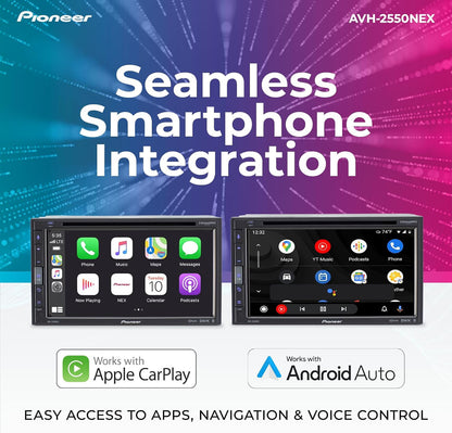 Pioneer AVH-2550NEX 6.8" Capacitive Touchscreen Double Din Car Stereo
DVD Multimedia Receiver, Wired Apple CarPlay & Android Auto, Bluetooth, Backup Camera, SiriusXM, HD Radio, FLAC, Hi-Volt RCA