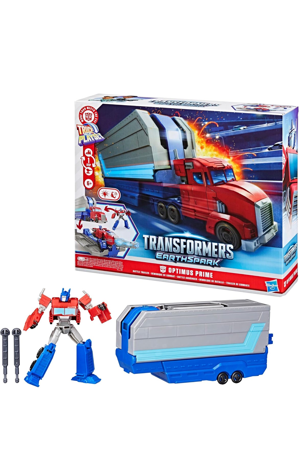 TRANSFORMERS EarthSpark Optimus Prime Battle Trailer Playset with Action Figure, Lights and Sounds, Electronic Truck Toys for Kids 6 and Up