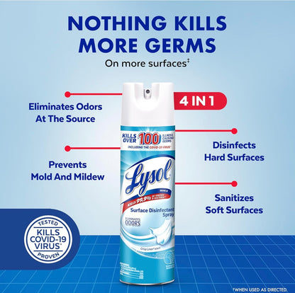 Lysol Ontsmettingssproei, Noodsaaklike Huishoudelike Skoonmaakbenodigdhede, Veeldoelige Kamersproei, Antibakteriese en Ontsmettingssproei, Stoffeerwerk Ontgeurder, Huis en Badkamer, Crisp Linen, 370ml (pak van 1)