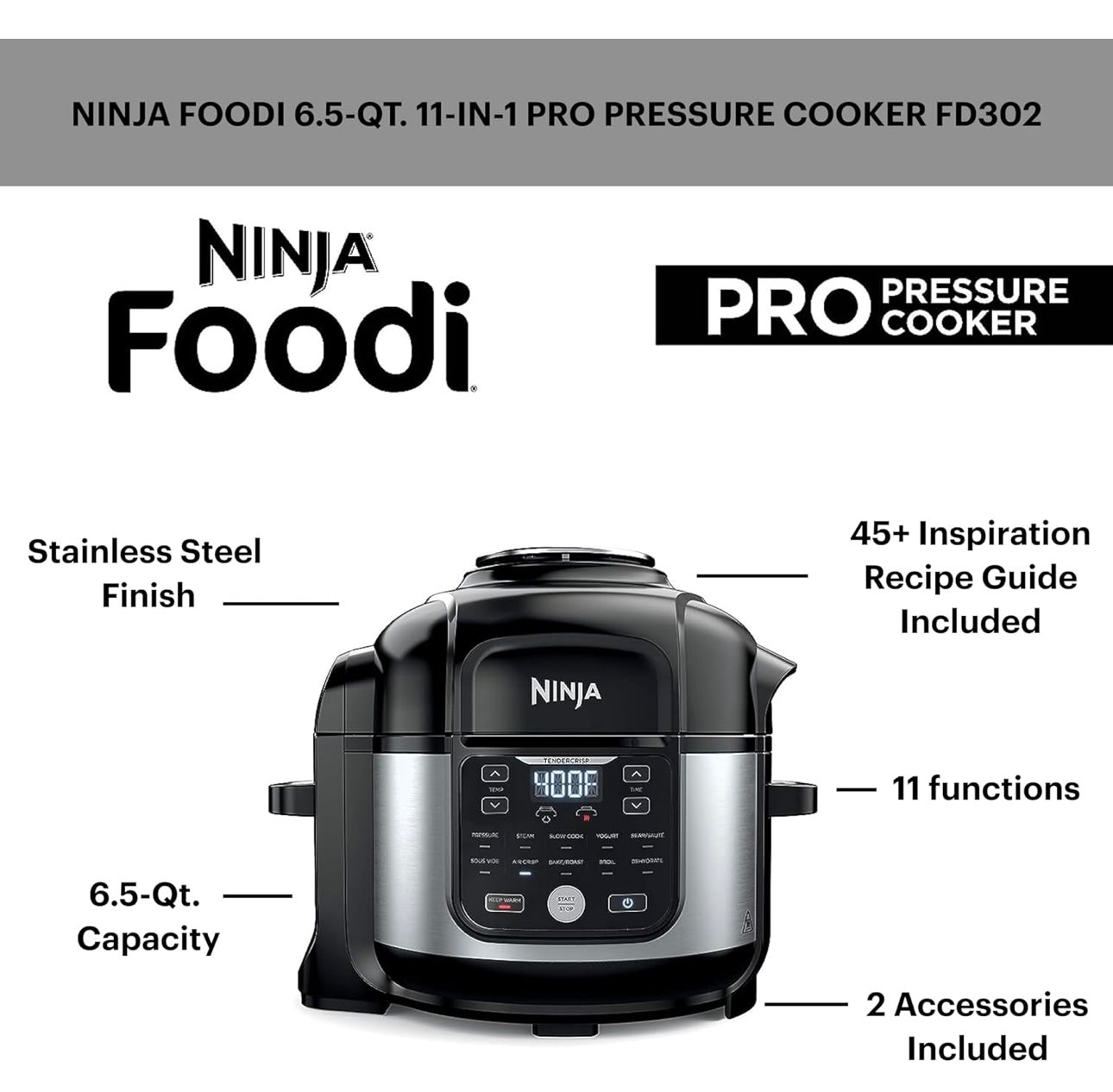 Ninja Foodi Air Fryer Pressure Cooker Combo 11-in-1 Pro 6.5 qt. Pressure Cooker & Air Fryer that Steams, Slow Cooks and More with 4.6 qt Crisper Plate, Broil Rack & Recipe Book, FD302, Silver/Black