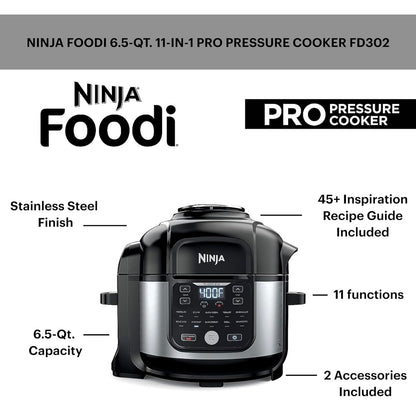 Ninja Foodi Lugbraaier Drukkoker Kombinasie 11-in-1 Pro 6.5 qt. Drukkoker & Lugbraaier wat Stoom, Stadig Kook en Meer met 4.6 qt Knyperplaat, Braairooster & Resepboek, FD302, Silwer/Swart