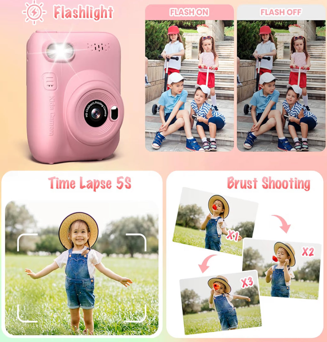 Kitsdruk Kamera 3.0" HD 32MP Kinders 1080P m/ 3 Rolle Drukkerpapier 32GB SD Kaart (Pienk)