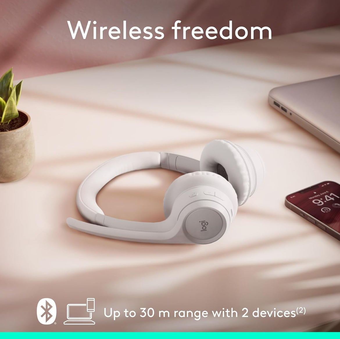 Logitech Zone 300 Draadlose Bluetooth Headset met Geraasonderdrukkende Mikrofoon, Versoenbaar met Windows, Mac, Chrome, Linux, iOS, iPadOS, Android – Off-White