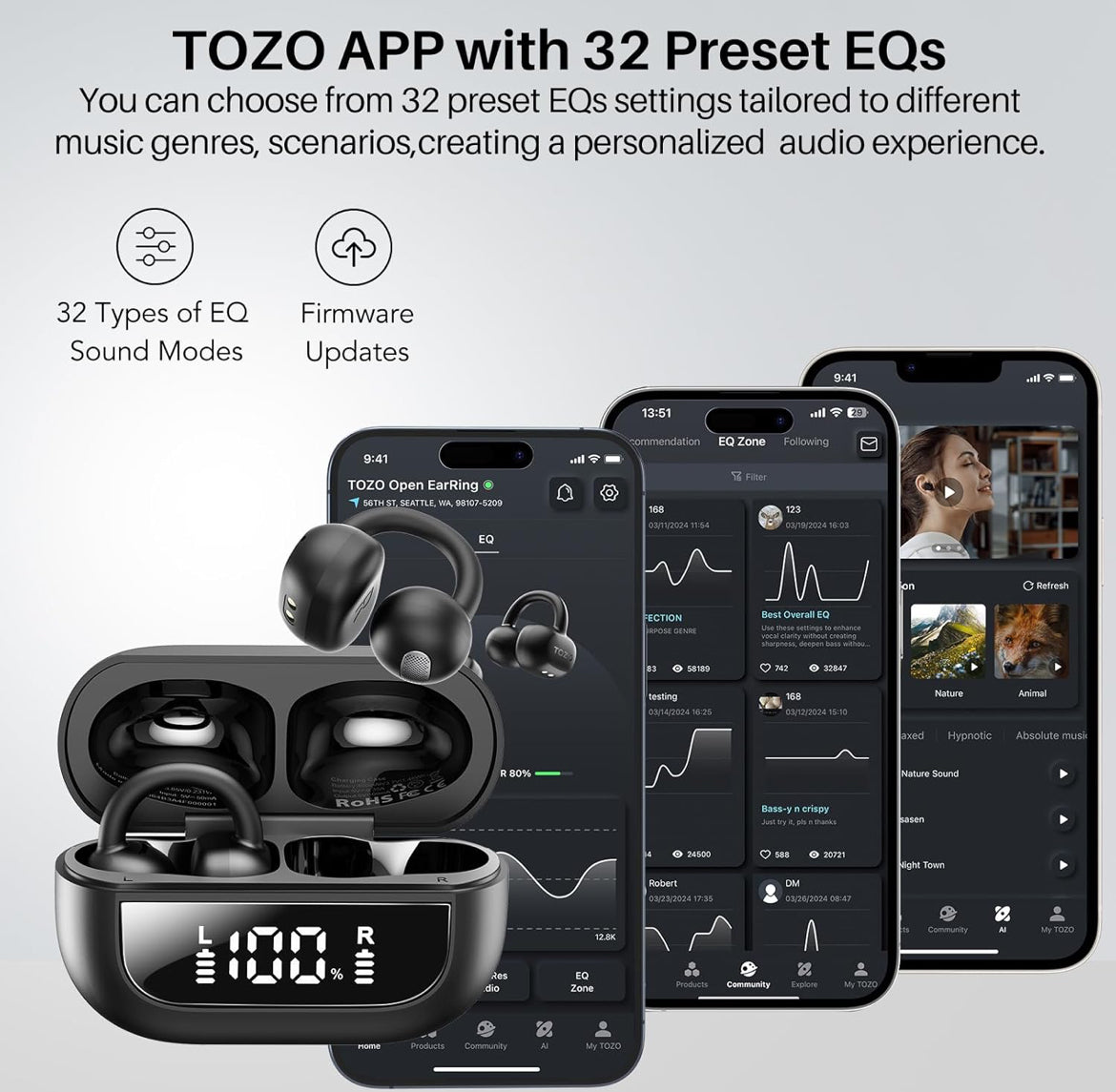 Open Ear Clip Earbuds, Lightweight Comfort 40H Play BT w/ Smart Digital Display - Black