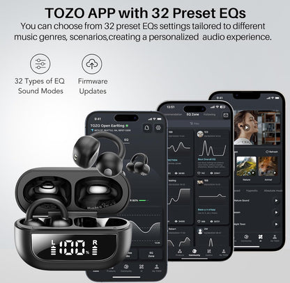 Open Ear Clip Earbuds, Lightweight Comfort 40H Play BT w/ Smart Digital Display - Black