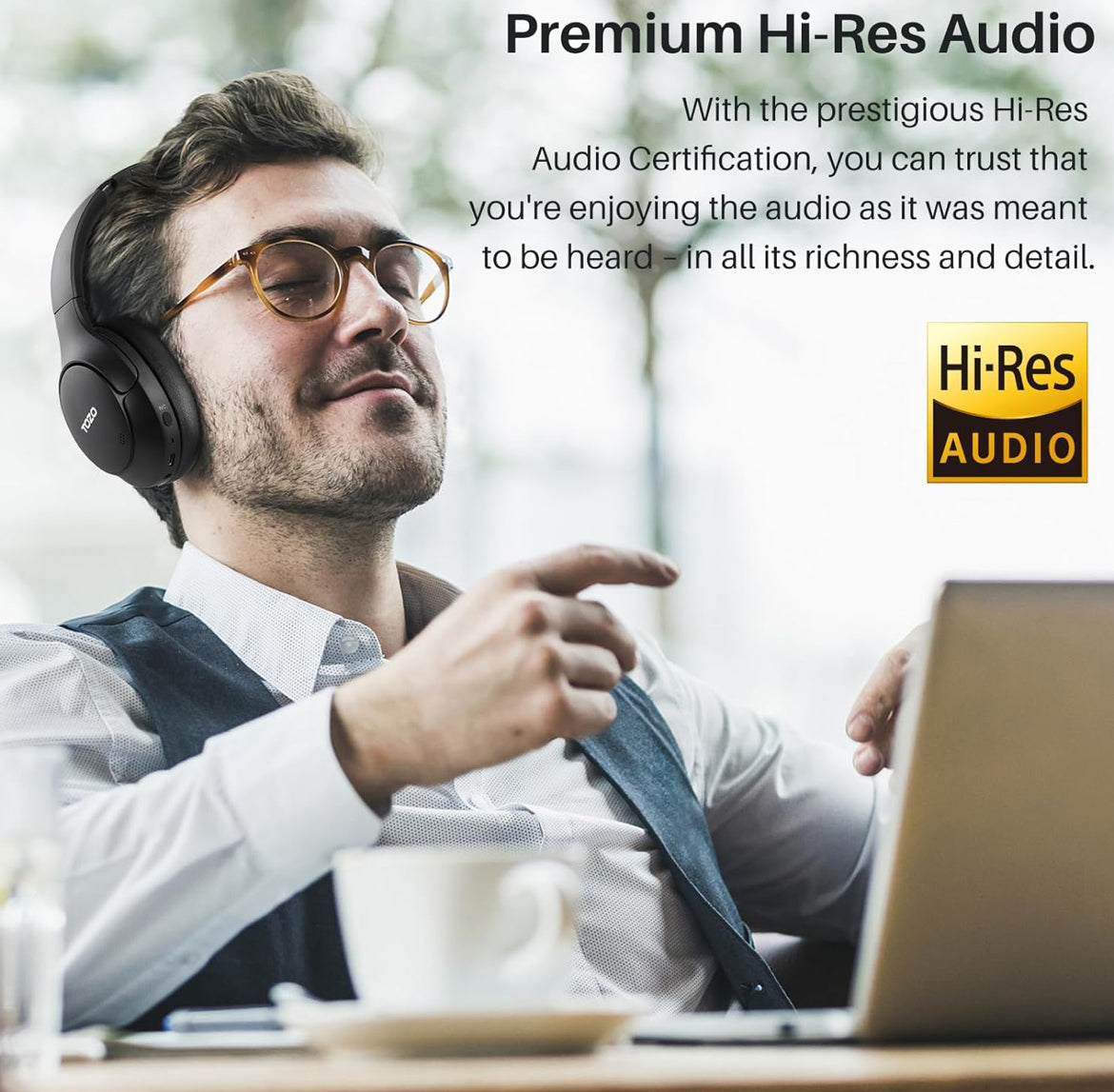 Hybrid Active Noise Cancelling Wireless Over Ear Bluetooth Headset, 60H Playtime, Hi-Res Audio Custom EQ via App Deep Bass - Black