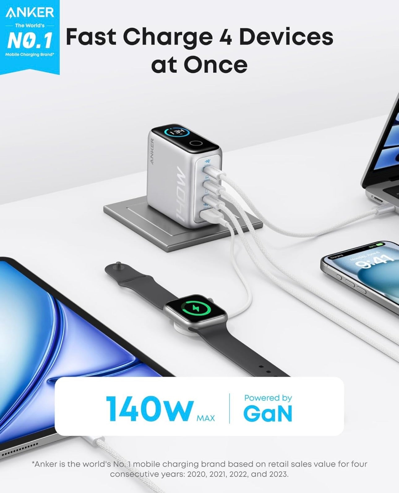 Anker Laptop Charger, 140W MAX USB C Charger, 4-Port Multi-Device Fast Charging - SILVER