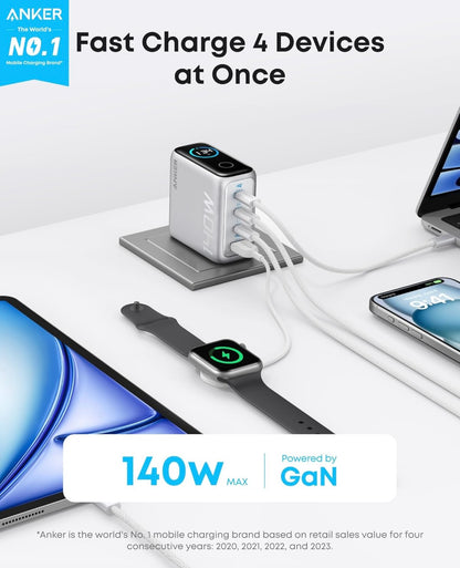 Anker Skootrekenaarlaaier, 140W MAKS USB C Laaier, 4-Poort Vinnige Laai vir Verskeie Toestelle - SILWER