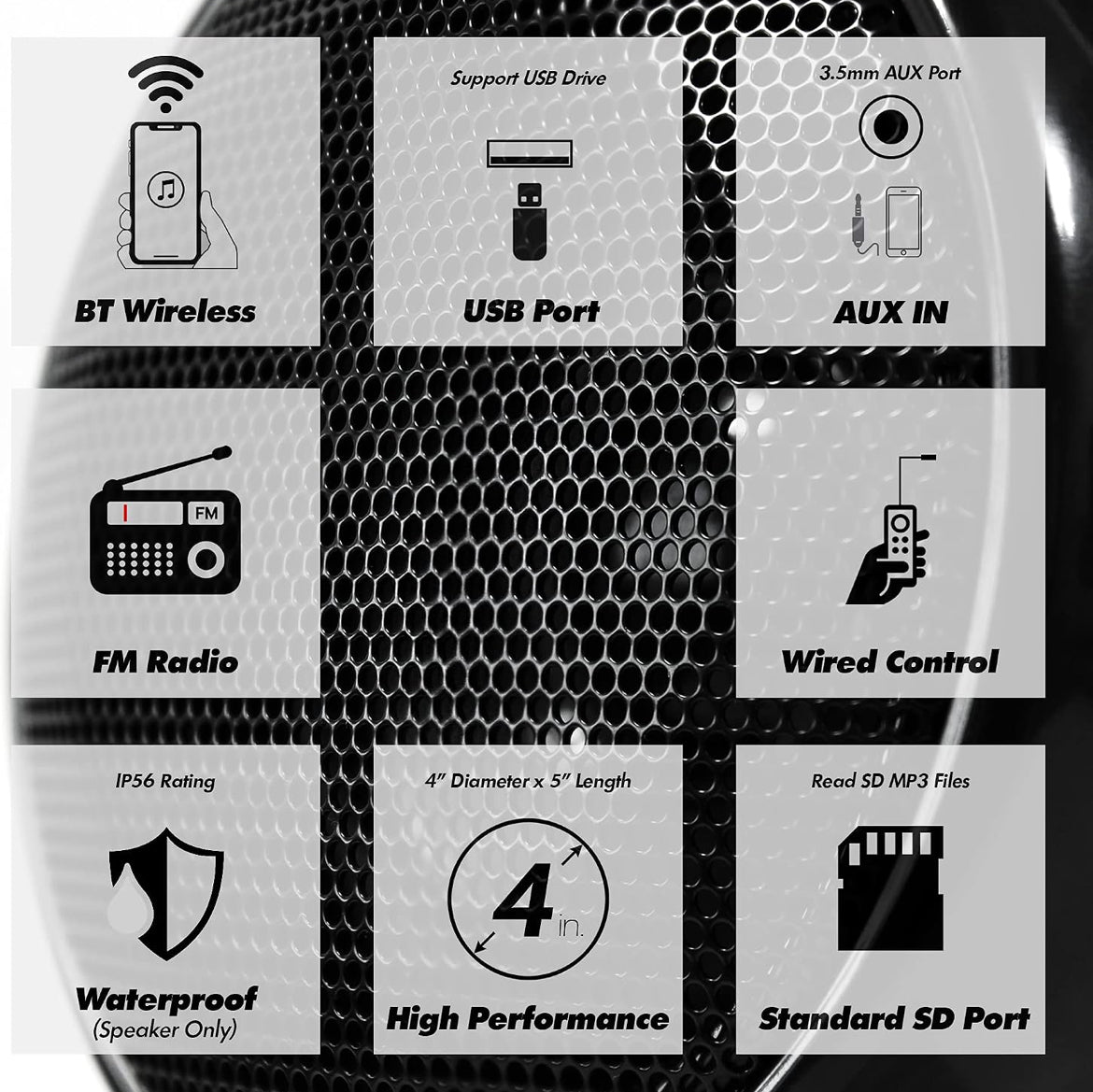 Motorcycle Speakers Bluetooth 4 Inch Waterproof Radio Audio System
1000W Amplifier, Remote Control, AUX USB SD FM Radio, Fits 7/8"–1-1/4" bar for ATVs/Motorcycles, 12 Volt Vehicles