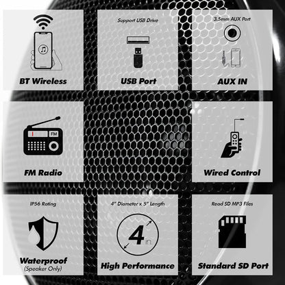Motorcycle Speakers Bluetooth 4 Inch Waterproof Radio Audio System
1000W Amplifier, Remote Control, AUX USB SD FM Radio, Fits 7/8"–1-1/4" bar for ATVs/Motorcycles, 12 Volt Vehicles