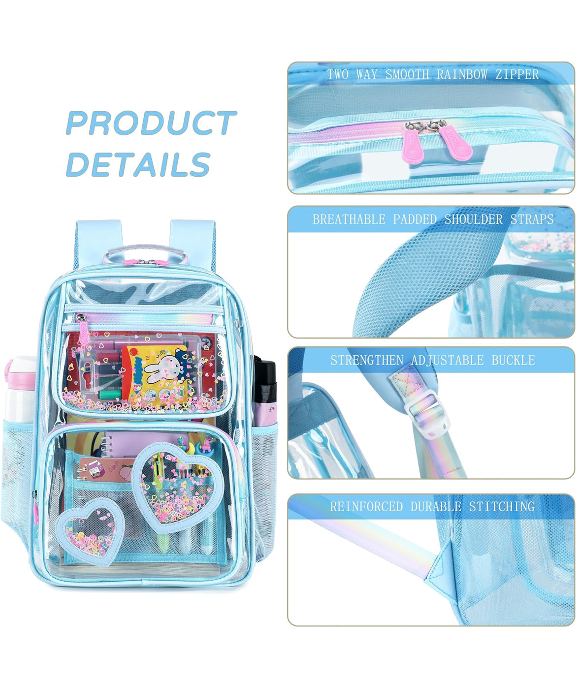 Clear Backpack for Girls Women Transparent Kids Elementary College School Bag Travel Laptop Backpacks Large Bookbags (Blue)