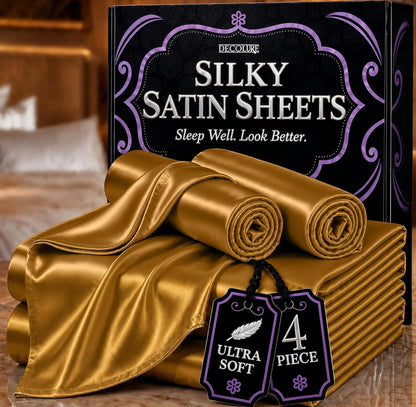 DECOLURE Satin Bed Sheets - 4 Piece Luxury Silky Queen Size Bedding Set - Softer Than Silk, Wrinkle-Free with 15” Deep Pocket Fitted Sheet, Perfect for Hair & Skin, Gifts for Women (Gold)