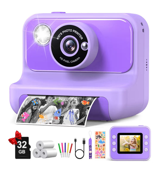 Kids Instant Print 1080P HD Video Digital Camera w/ 32G Card - (Purple)