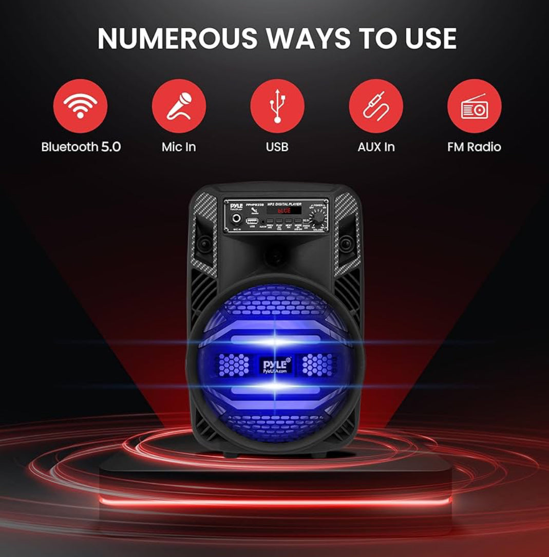 Rechargeable Bluetooth 300W Outdoor Bluetooth Speaker Portable PA System w/ 8” Subwoofer 1” Tweeter, Microphone In, Party Lights, MP3/USB, Radio, Remote