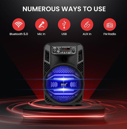 Rechargeable Bluetooth 300W Outdoor Bluetooth Speaker Portable PA System w/ 8” Subwoofer 1” Tweeter, Microphone In, Party Lights, MP3/USB, Radio, Remote