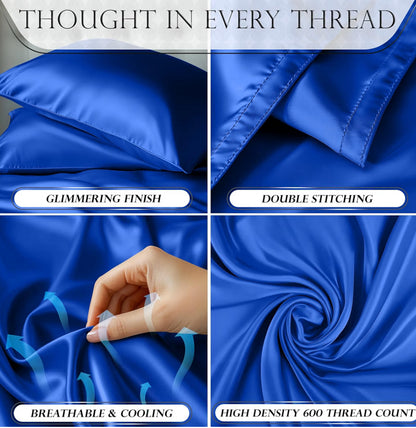 DECOLURE Satin Bed Sheets - 4 Piece Luxury Silky Twin Size Bedding Set - Softer Than Silk, Wrinkle-Free with 15” Deep Pocket Fitted Sheet, Perfect for Hair & Skin, Gifts for Women (Blue)