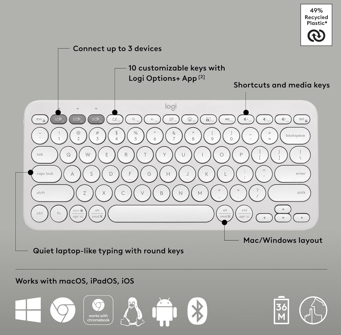 Logitech Pebble Keys 2 K380s, Multi-Toestel Bluetooth Draadlose Sleutelbord met Aanpasbare Kortpaaie, Slank en Draagbaar, Maklike Skakeling vir Windows, macOS, iPadOS, Android, Chrome OS - Tonal White