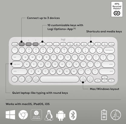 Logitech Pebble Keys 2 K380s, Multi-Toestel Bluetooth Draadlose Sleutelbord met Aanpasbare Kortpaaie, Slank en Draagbaar, Maklike Skakeling vir Windows, macOS, iPadOS, Android, Chrome OS - Tonal White