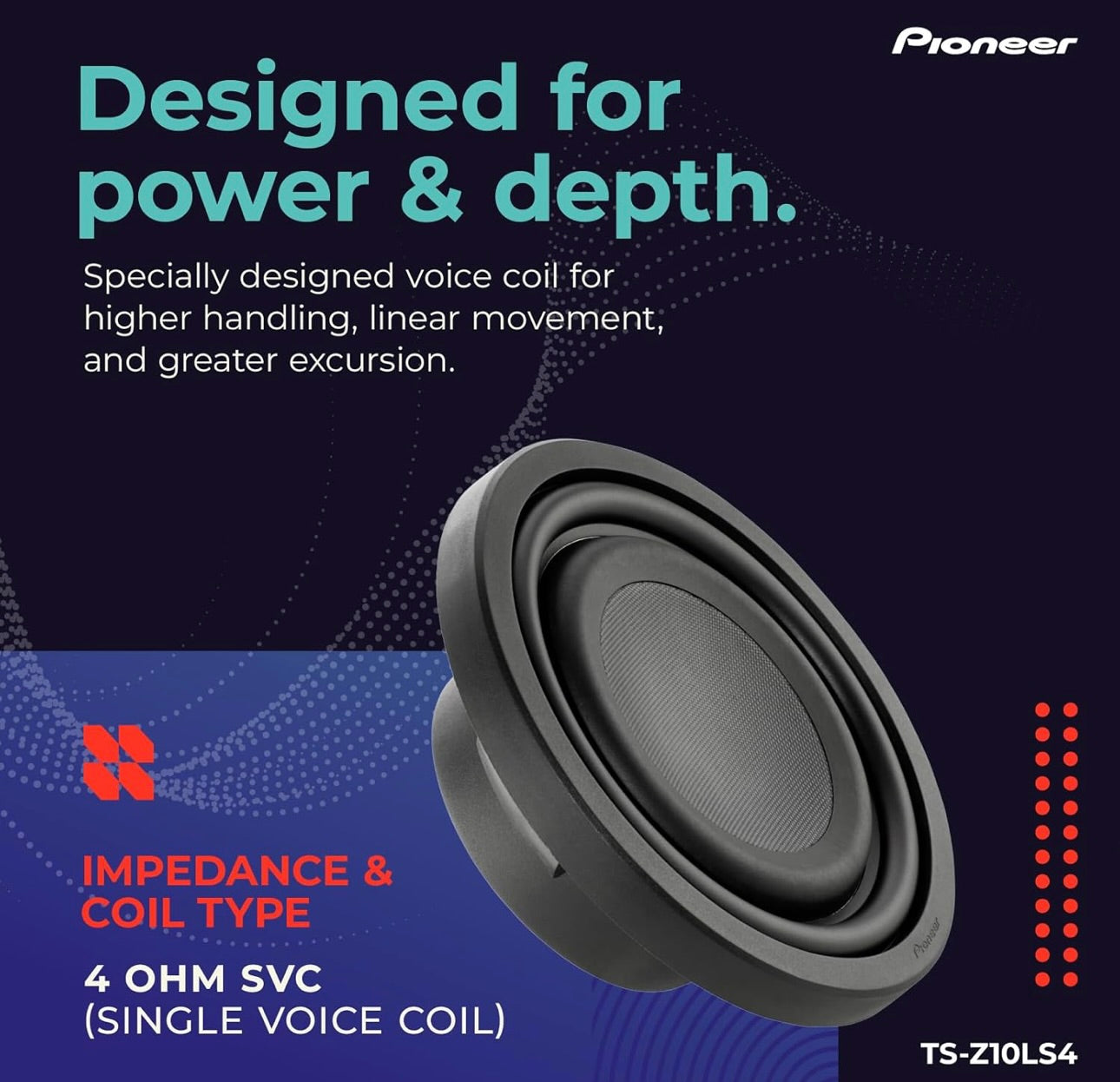 Pioneer TS-Z10LS4 10” Oorgroot Subwoofer, Vlak Ontwerp, Maklike Installasie en Buigsame Pasvorm, 1300 Watt Spitskrag, Enkel 4 Ohm Stemspoel vir Diep, Verbeterde Bassweergawe