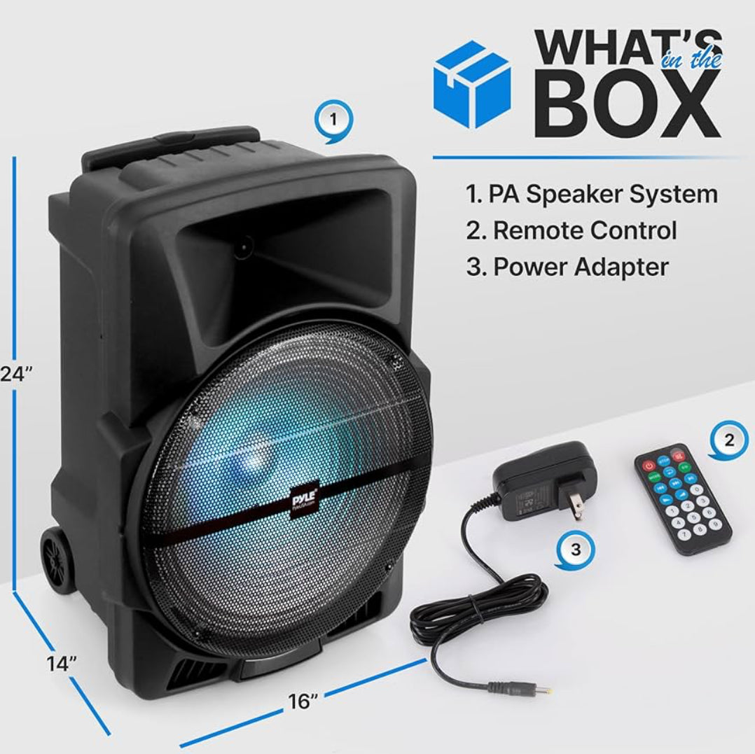 Wireless Portable PA Speaker System -1200W High Powered Bluetooth Compatible Indoor & Outdoor DJ Sound Stereo w/ USB MP3 AUX 3.5mm Input, Flashing Party Light & FM Radio
