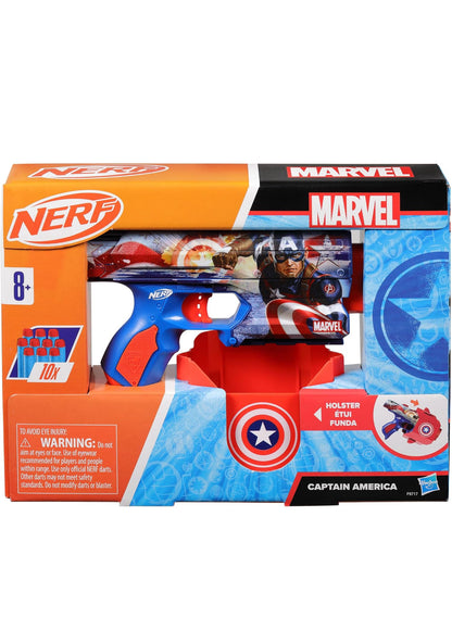 Nerf Marvel Captain America Dart Blaster, 10 Elite Darts, Holster, Toy Foam Blasters for 8 Year Old Boys & Girls & Up