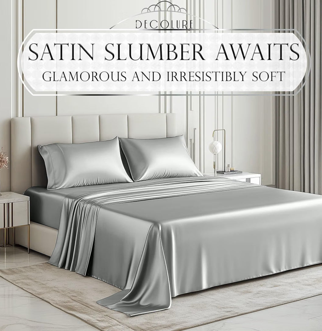 DECOLURE Satin Bed Sheets - 4 Piece Luxury Silky Queen Size Bedding Set - Softer Than Silk, Wrinkle-Free with 15” Deep Pocket Fitted Sheet, Perfect for Hair & Skin, Gifts for Women (Grey)