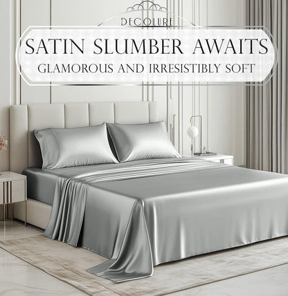 DECOLURE Satin Bed Sheets - 4 Piece Luxury Silky Queen Size Bedding Set - Softer Than Silk, Wrinkle-Free with 15” Deep Pocket Fitted Sheet, Perfect for Hair & Skin, Gifts for Women (Grey)