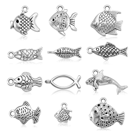 60 Stuks Vis-sjarms vir Juweliersware Maak - Verouderde Silwer Allooi Hangers in 12 Style - Gesorteerde Sjarms vir Selfdoen Handwerk Somer Armband Ketting Oorring