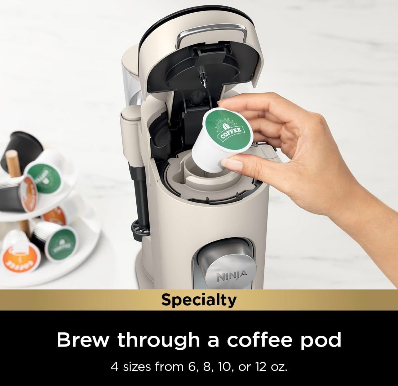 Ninja Pod & Grounds Specialty XL Single-Serve Coffee Maker, K-Cup Pod Compatible- Stone