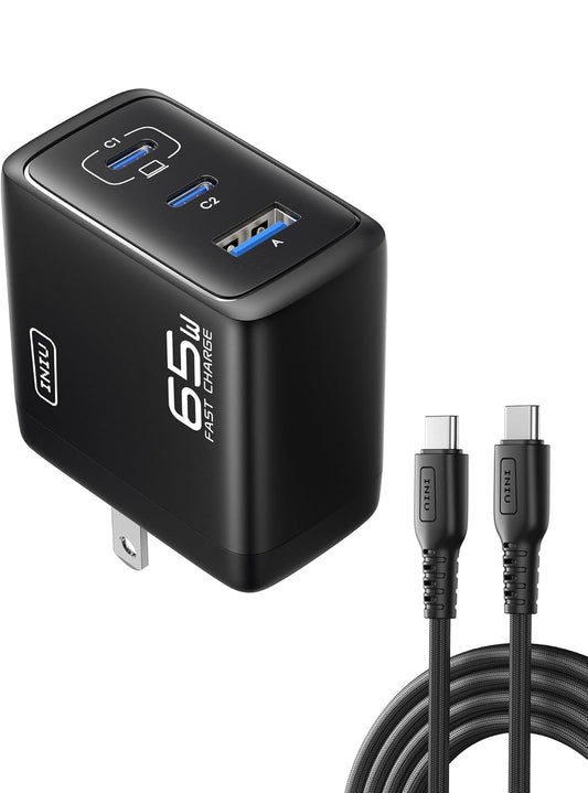 INIU USB C Laaiblok, 3-Poort 65W PD Vinnige Laai, Kompakte Tipe C Muurlaaier met Opvoubare Prop, GaN Tegnologie, vir MacBook Pro/Air, iPhone 16, Samsung S25, iPad Pro, Skootrekenaar, Meerdere Toestelle ens.
