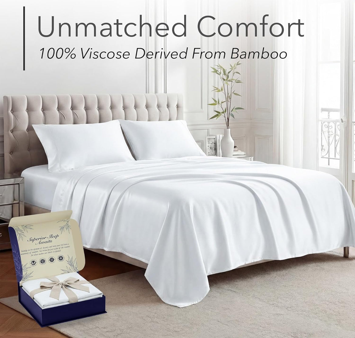 DECOLURE 100% Viscose Derived from Bamboo Sheets Queen Size - Luxury 4 Pc Naturally Cooling Sheets, Ultra Soft Bed Set - Deep 17" Pockets, Durable Double Stitching, Oeko Tex Standard (White)