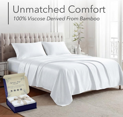 DECOLURE 100% Viscose Derived from Bamboo Sheets Queen Size - Luxury 4 Pc Naturally Cooling Sheets, Ultra Soft Bed Set - Deep 17" Pockets, Durable Double Stitching, Oeko Tex Standard (White)