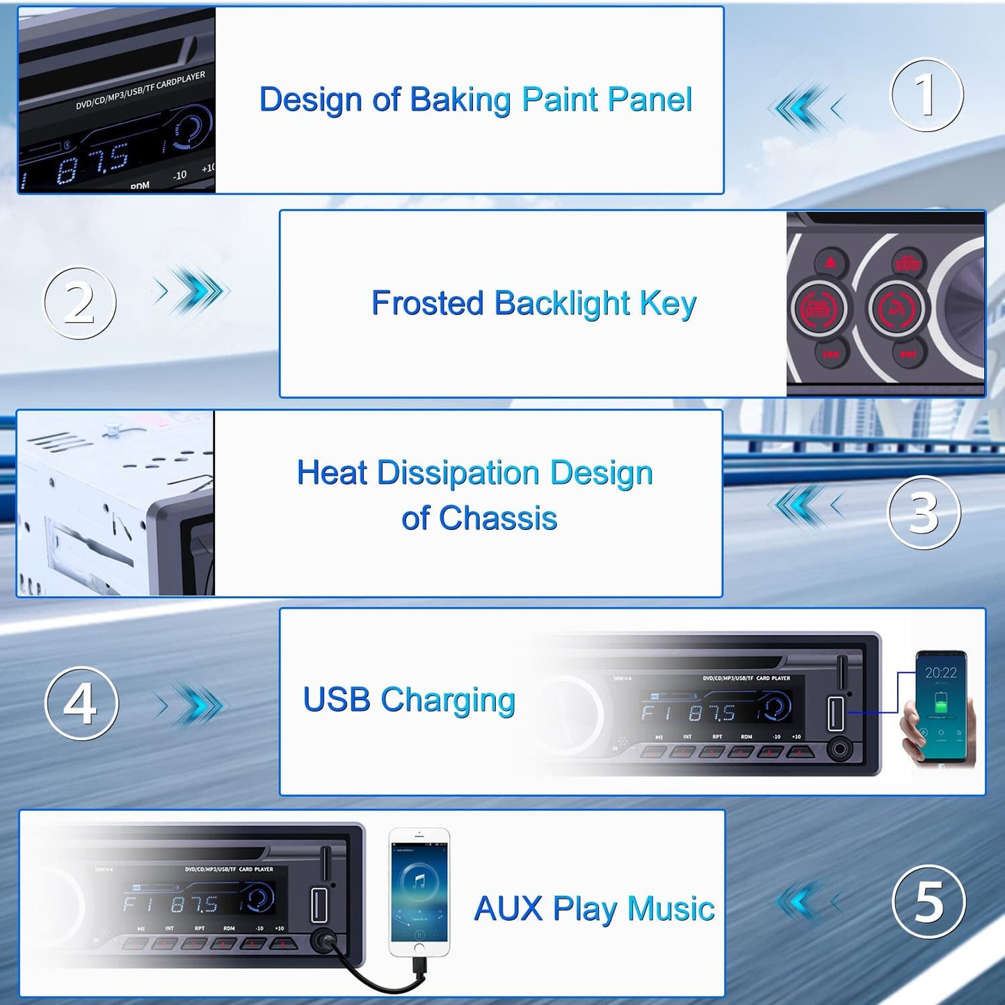 Single Din Car Radio CD Player, Car DVD Player with Bluetooth Hands-Free Calling