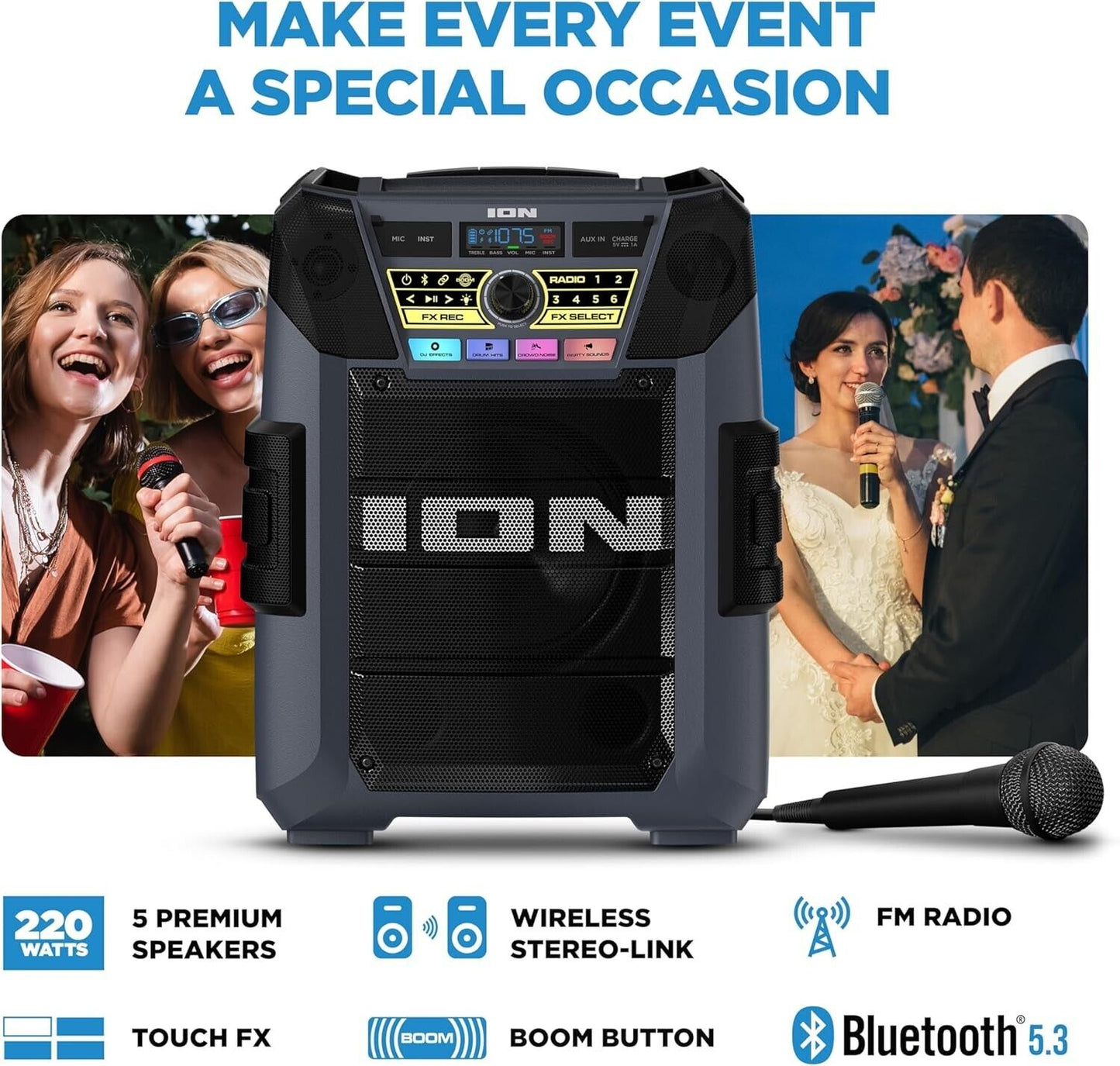 ION Block Rocker XL - Portable Bluetooth Outdoor Party Karaoke Speaker 220 Watts