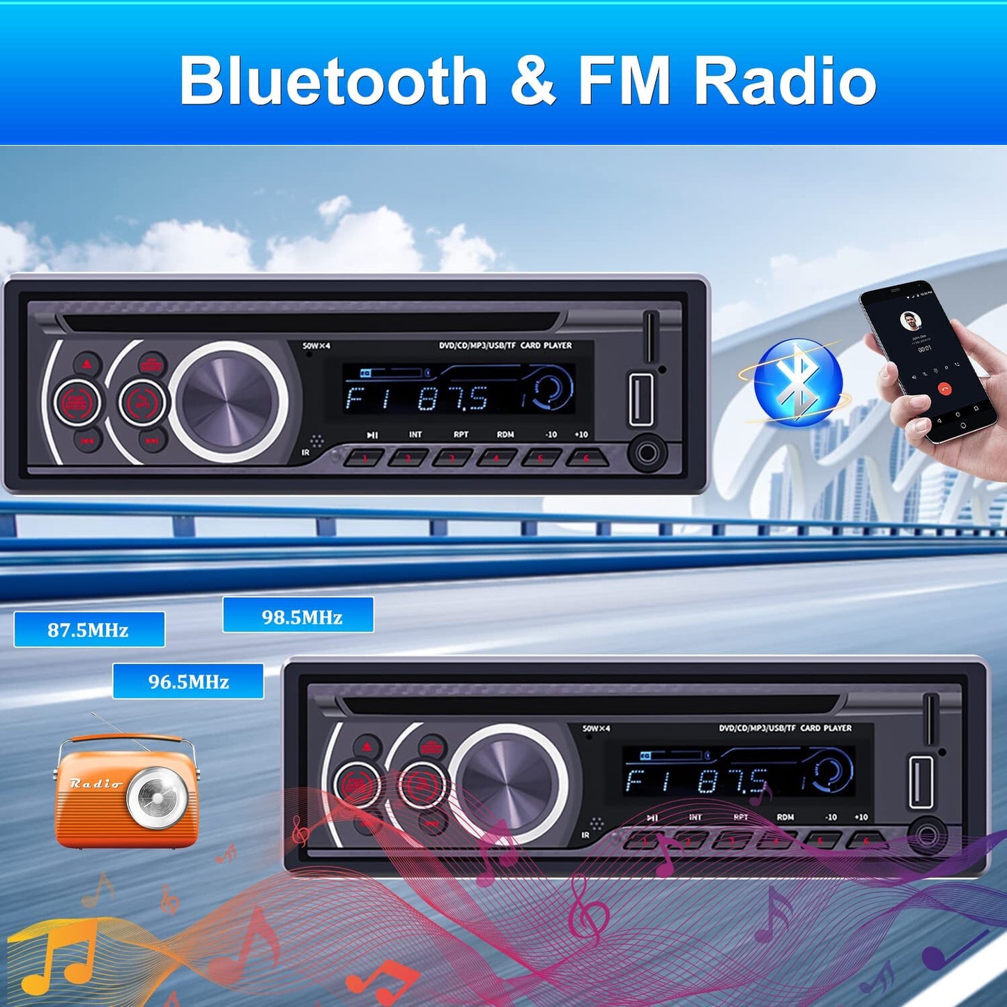 Single Din Car Radio CD Player, Car DVD Player with Bluetooth Hands-Free Calling