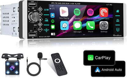 Motorradio Enkel Din met Apple CarPlay Android Auto, 5.1 Duim IPS Raakskerm