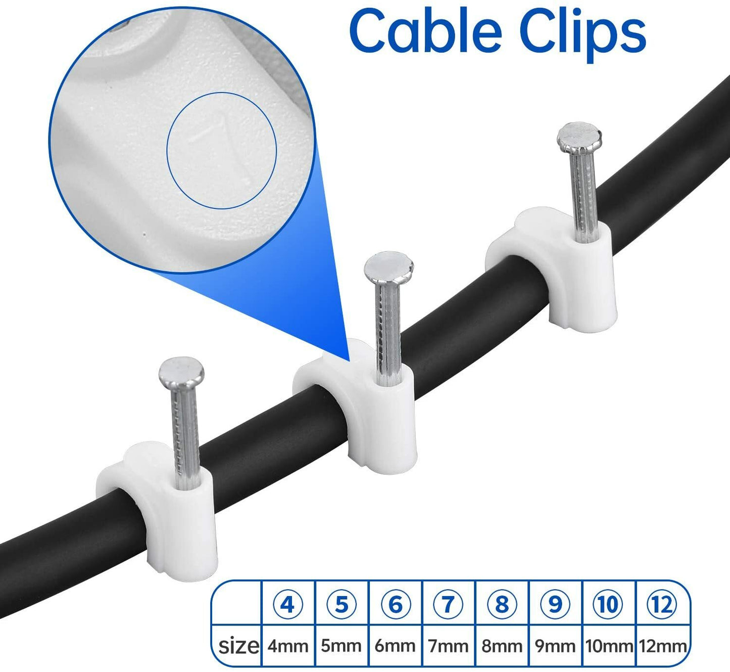 Round White Cable Clips with Steel Nails 6mm/ 0.236inch/ 100PCS For CAT6, CAT7.
