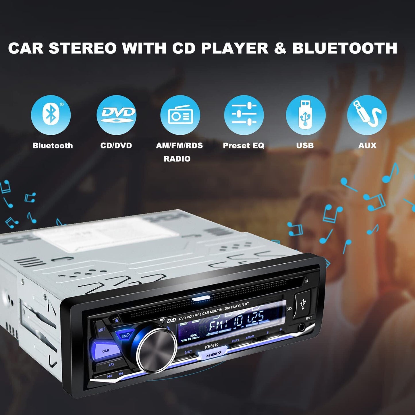 Single Din Car Stereo CDDVD Player Bluetooth FM/AM/RDS Radio USB SD AUX Receiver