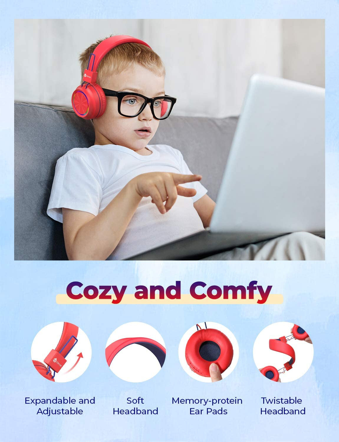 RED BTH03 Kids Bluetooth Headphones Safe Volume, Colorful LED Lights, 25Hour