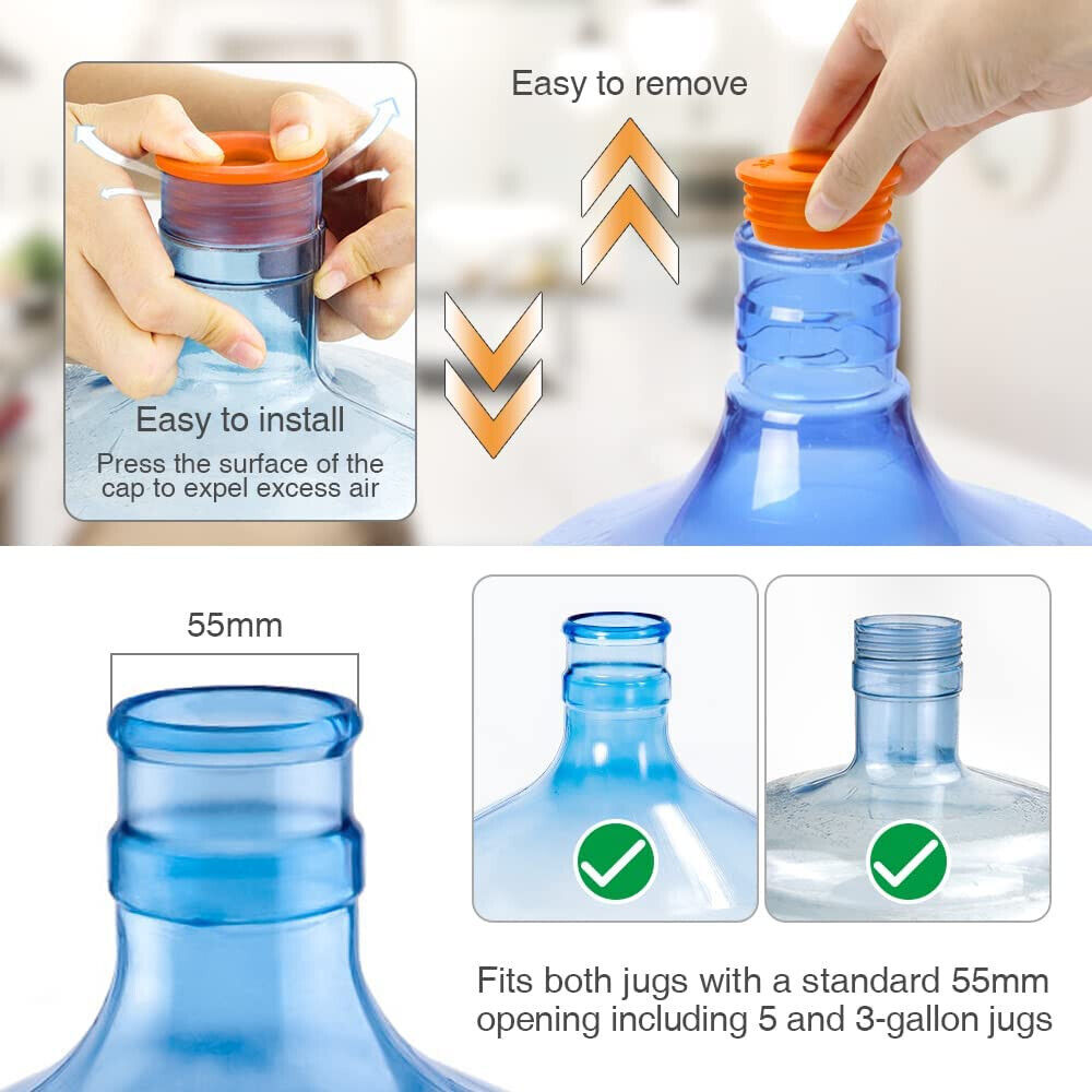 5 Gallon Water Jug Cap 55mm Water Bottle Caps Silicone Reusable Bottles Lids 6PK