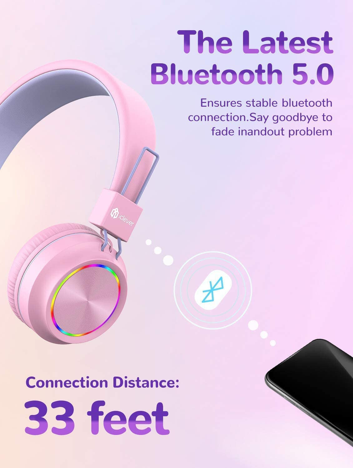 PINK BTH03 Kids Bluetooth Headphones Safe Volume, Colorful LED Lights, 25Hour
