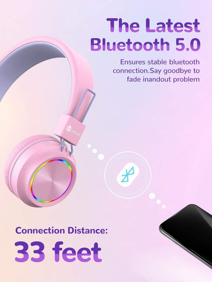 PINK BTH03 Bluetooth-koptelefoon vir Kinders Veilige Volume, Kleurvolle LED-liggies, 25 Uur