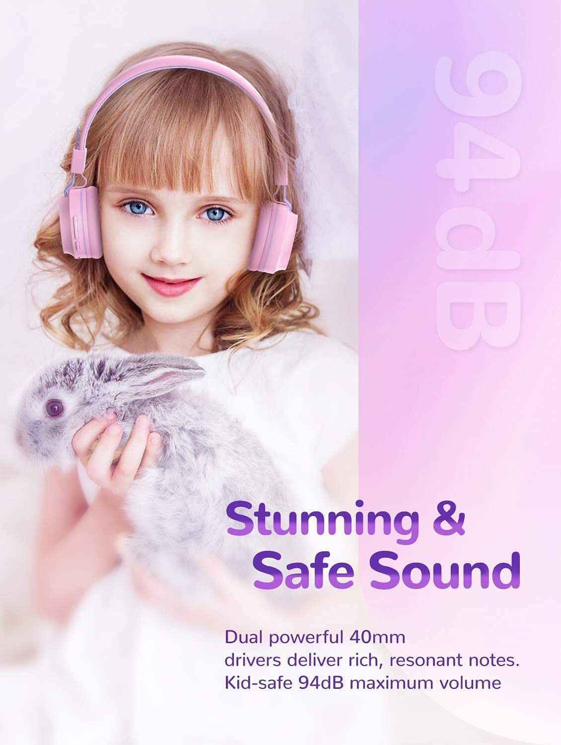 PINK BTH03 Kids Bluetooth Headphones Safe Volume, Colorful LED Lights, 25Hour