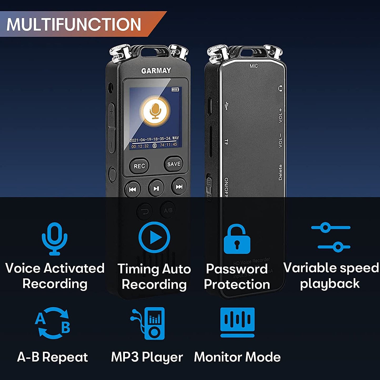 GARMAY Digital Voice Recorder Upgraded 48GB 1536BPS 3343Hours Recording Capacity